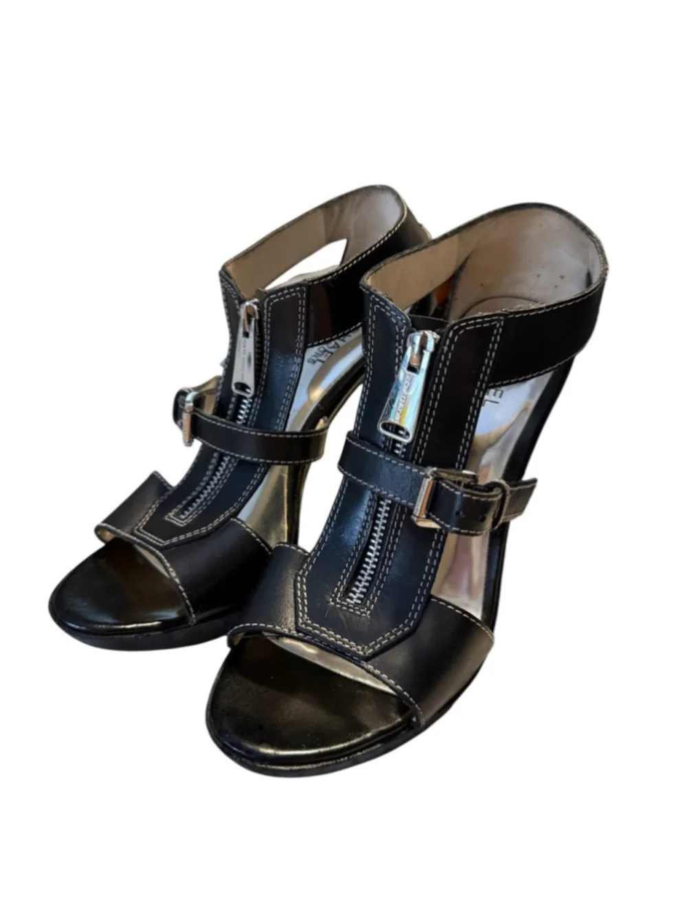 Michael Kors Black Leather Platform Sandals Zip Buckle High Heel Womens Size 8.5